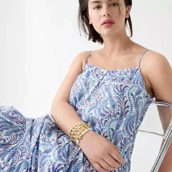 J CREW MAXI DRESS tiered cotton voile floral paisley sleeveless purple blue XS - Picture 3 of 12